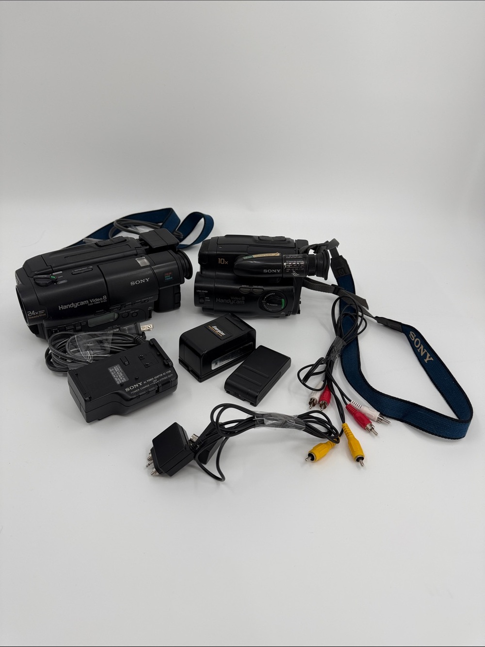 2 Sony Black Video Camcorder Kit with Blue Strap and AV Cables Not Tested